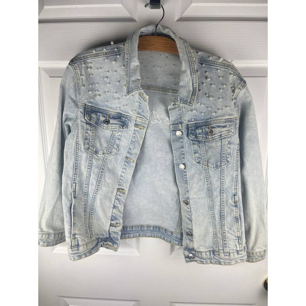 Womens Pearl Studded Denim Jacket Embroidered Light Wash Jean‎ Jacket Size S